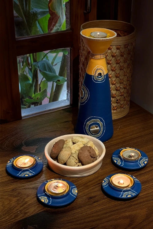 Antarang: Terracotta- Handpainted - Set Of Blue Bloom Disc Diyas & Long Diya