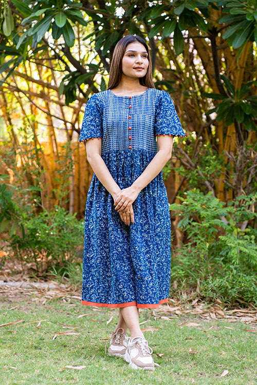Moralfibre Handblock Printed Indigo Dress  With Peach Pintucks And Hand Made Potli Details