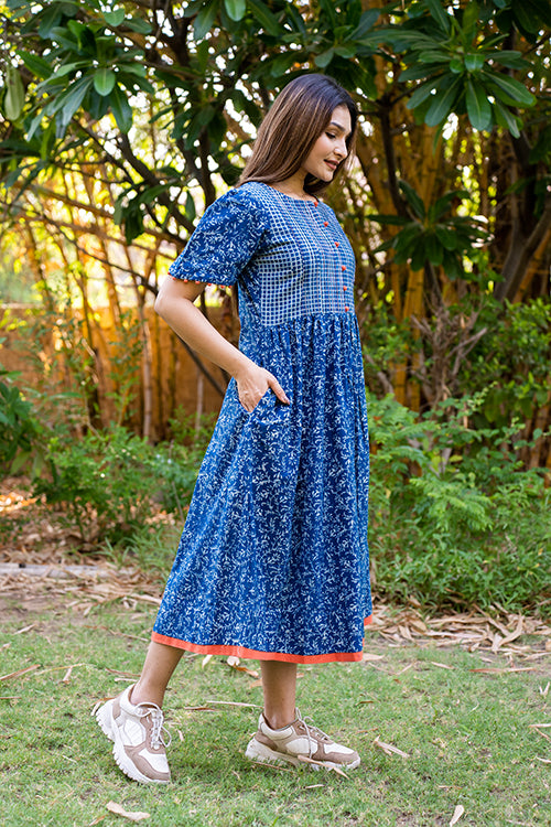Moralfibre Handblock Printed Indigo Dress  With Peach Pintucks And Hand Made Potli Details