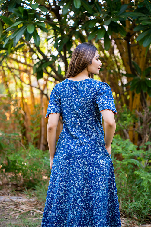 Moralfibre Handblock Printed Indigo Dress  With Peach Pintucks And Hand Made Potli Details