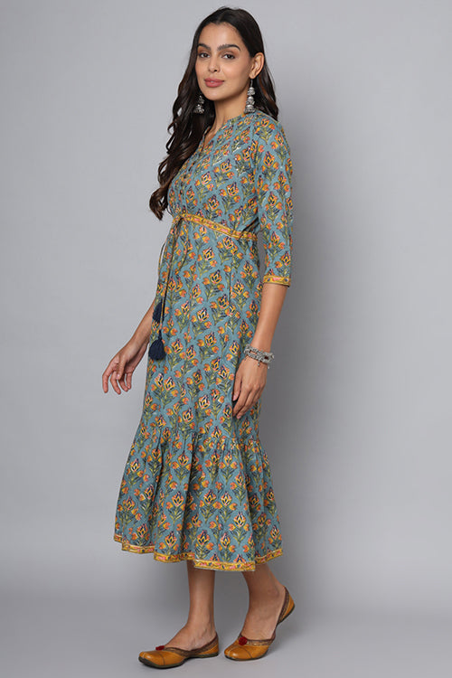 Shuddhi Powder Blue With Mustard Dress