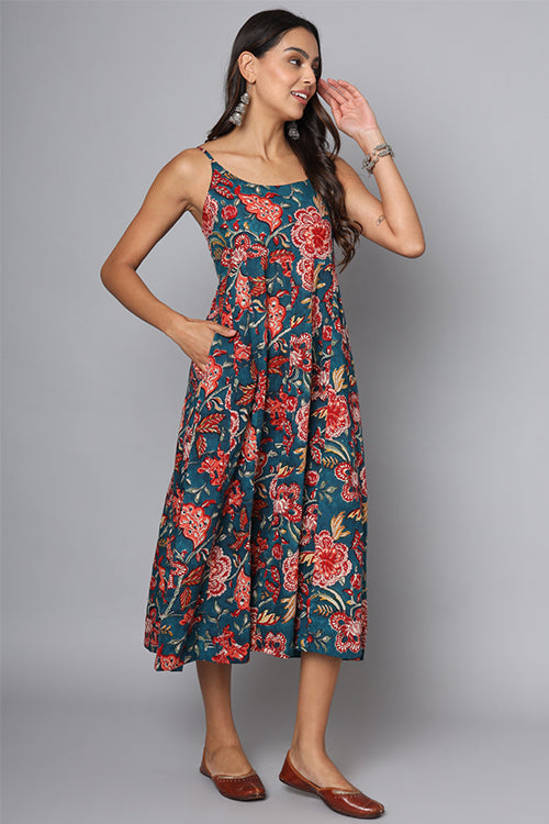 Shuddhi Bottle Green And Red Spaghetti Dress