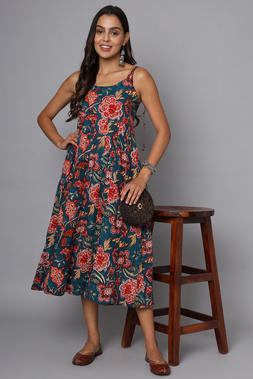Shuddhi Bottle Green And Red Spaghetti Dress