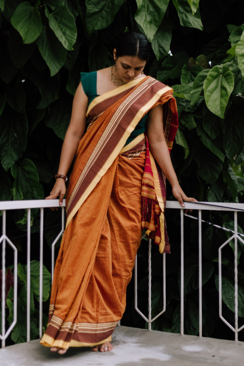 Reddish Brown Border Elephant Motif Cotton Ready To Wear Saree Online