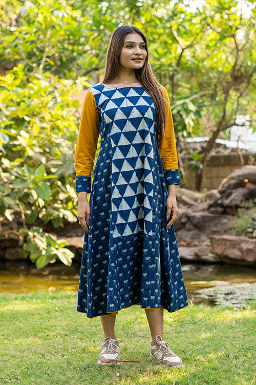 Moralfibre Handblock Printed Indigo Dress  With Golden Yellow Sleeves