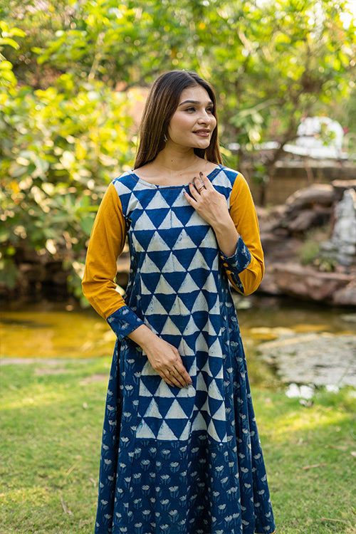 Moralfibre Handblock Printed Indigo Dress  With Golden Yellow Sleeves