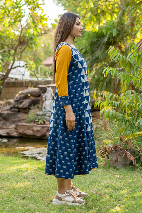 Moralfibre Handblock Printed Indigo Dress  With Golden Yellow Sleeves