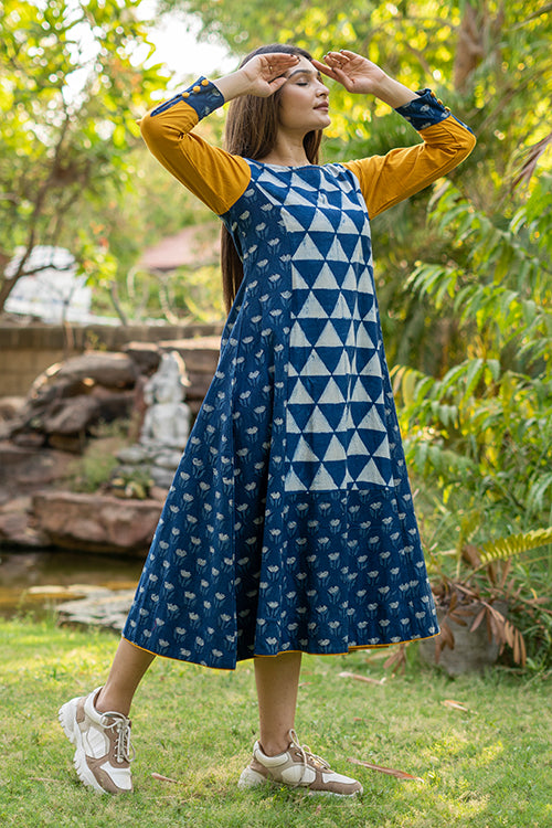 Moralfibre Handblock Printed Indigo Dress  With Golden Yellow Sleeves