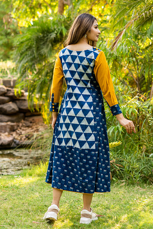 Moralfibre Handblock Printed Indigo Dress  With Golden Yellow Sleeves