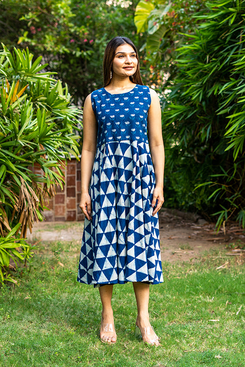 Moralfibre Handblock Printed Indigo Sleeveless Dress