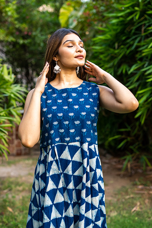 Moralfibre Handblock Printed Indigo Sleeveless Dress