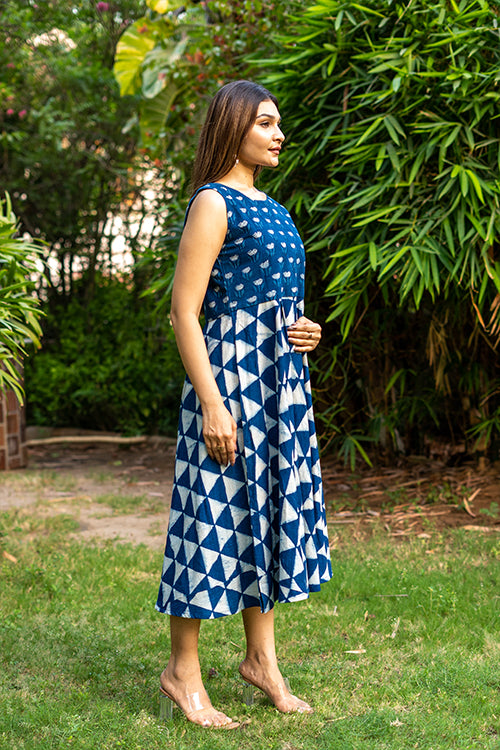 Moralfibre Handblock Printed Indigo Sleeveless Dress