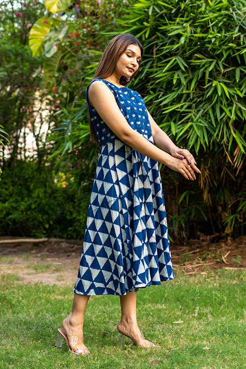 Moralfibre Handblock Printed Indigo Sleeveless Dress