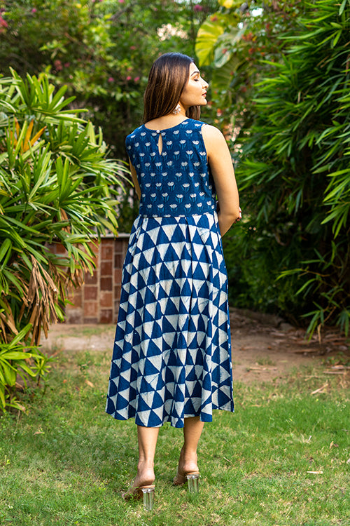 Moralfibre Handblock Printed Indigo Sleeveless Dress