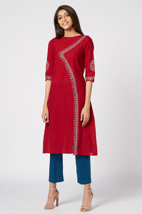 Okhai 'Red Ruby' Embroidered Cotton Kurta | Relove