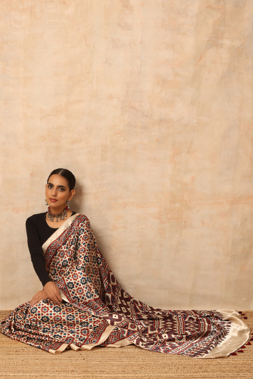 Tenaaro Ajrakh Hand Block Printed  Modal Sik Saree (Offwhite-16)