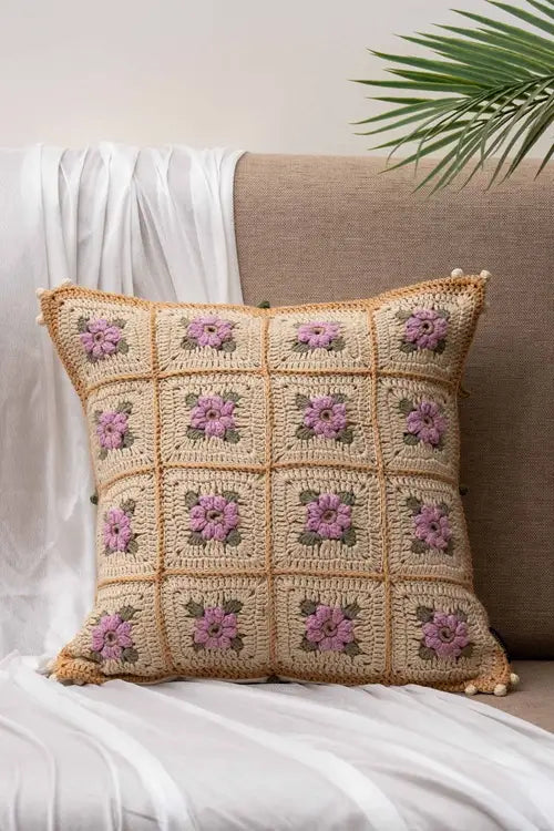 Craftroots Vintage Floral Crochet Applique Cushion Cover Cotton