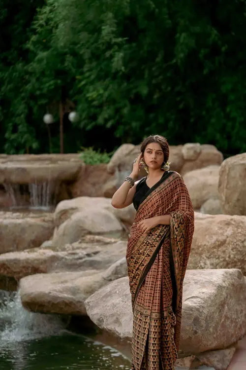 Craftroots Ajrakh All Over Floral Modal Saree With Tassels