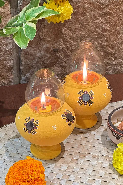 Antarang- Traditional Oil Lamps- Akhand Diyas- Yellow(Set Of 2)