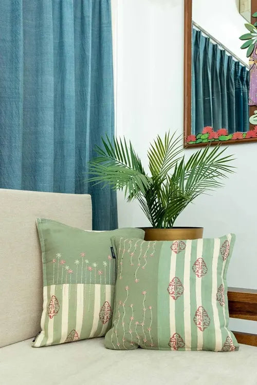 Craftroots Peach & Mint Daisy Hand Block Print Cushion Cover Set Of 2