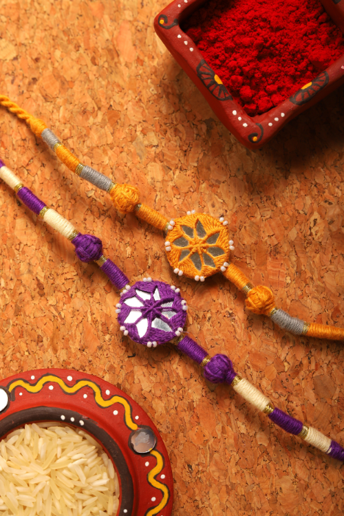 Antarang- Patwa Mirror Work, 100% Cotton, Bhai Rakhi Set. Purple- Yellow Ocher Made By Divyang Rural Women.