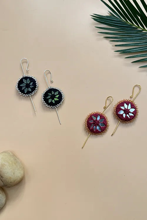 Antarang- Mirror Earrings- Kaan- Set Of 2- Black And Maroon Pair