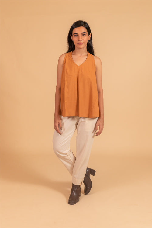 Moralfibre V Neck Incut Sleeves Top With Elasticated Side Panel From "Shapes Collection " - Golden Brown
