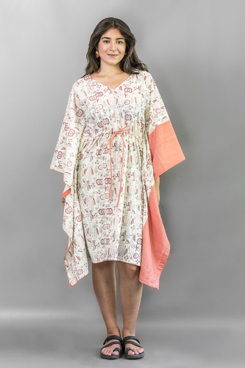 Moralfibre Natural Peach Floral Printed Kaftan Dress