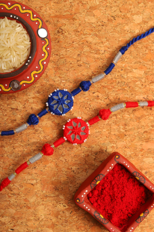 Antarang- Patwa Mirror Work, 100% Cotton, Bhai Rakhi Set. Blue- Red Made By Divyang Rural Women.