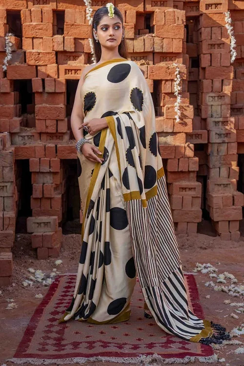 Craftroots Polka Dots Block Printed Modal Silk Saree