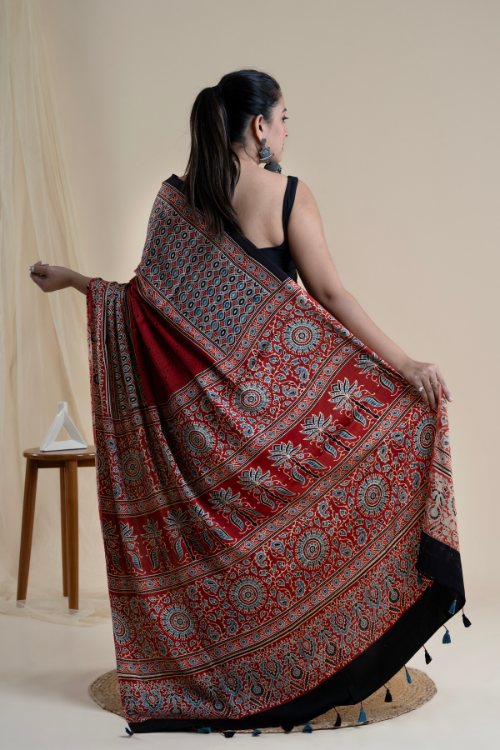 Jahangir Khatri-Traditional Ajrakh Hand Block Printed & Natural Dyed Modal Saree With Tassels - Red