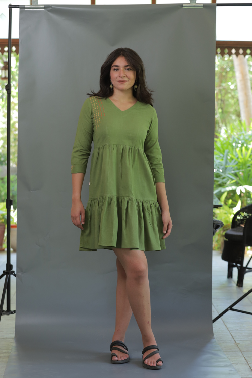 Moralfibre Olive Green Minimal Embroidered Short Dress For Women Online