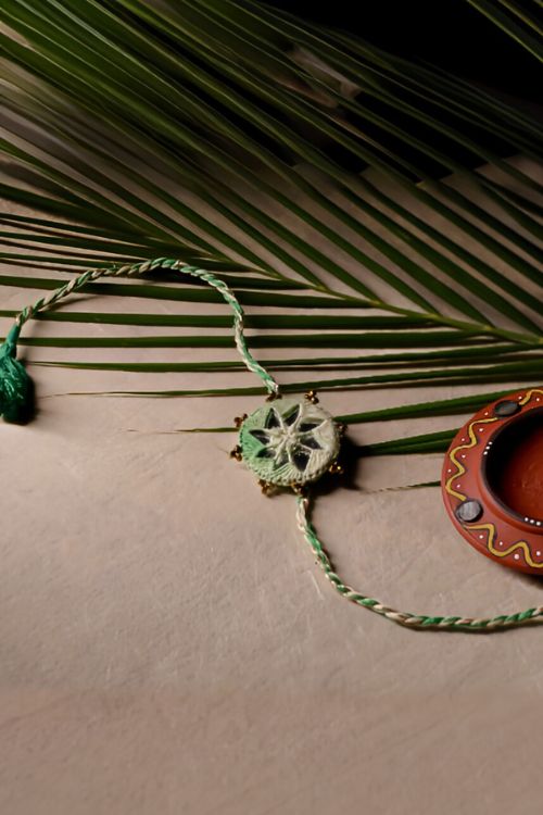 Antarang  (Set Of 2) Mirror Work, 100% Cotton, Shaded Green Kanaaha Bhai Rakhi. Made By Divyang Rural Women