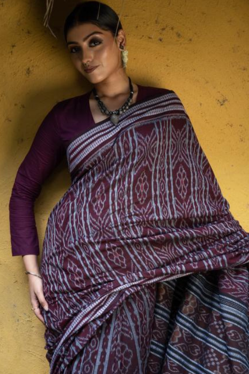 Handwoven Sambhalpuri Ikat Cotton Saree - Brown Elegance