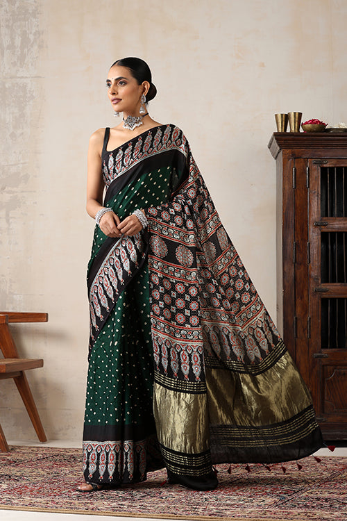 Jahangir Khatri - Black & Green Ajrakh & Bandhani Modal Tissue Pallu Saree