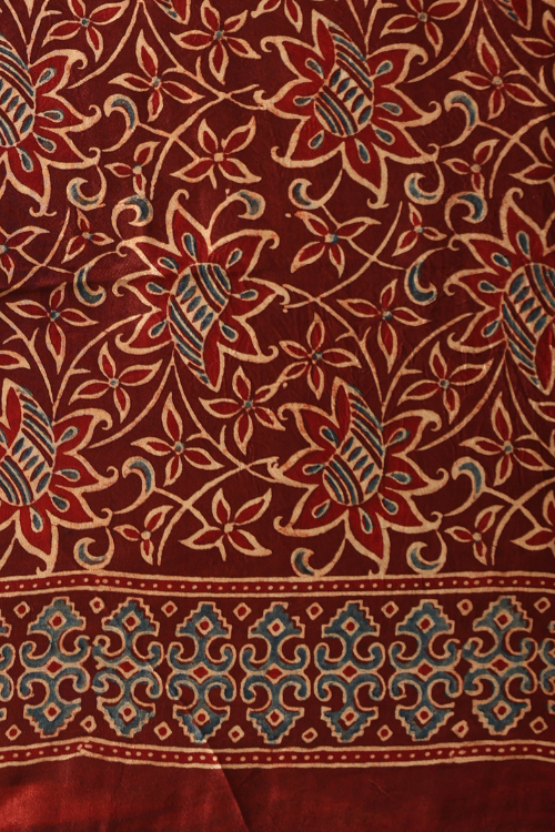 Tenaaro Ajrakh Hand Block Printed  Modal Sik Saree (Brown-19)