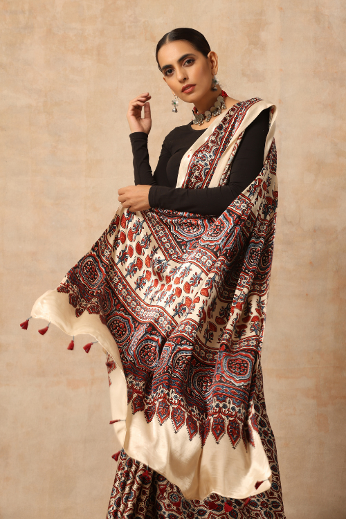 Tenaaro Ajrakh Hand Block Printed  Modal Sik Saree  (Offwhite-17)