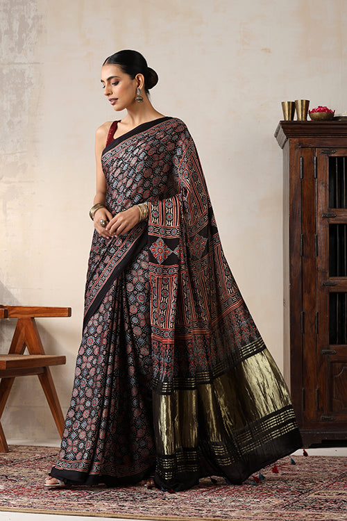 Jahangir Khatri - Black Ajrakh Modal Tissue Pallu Saree