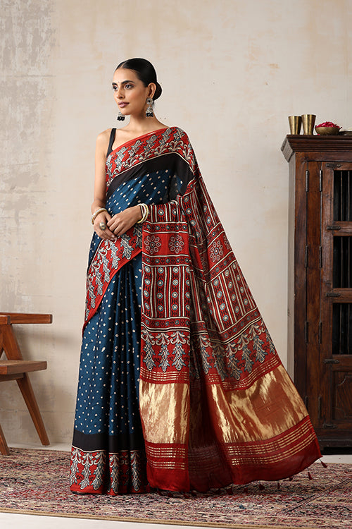 Jahangir Khatri - Red & Prussian Blue Ajrakh & Bandhani Modal Tissue Pallu Saree