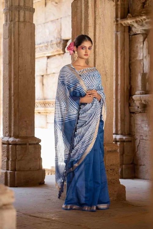 Craftroots Blue Laheriya Chanderi Saree