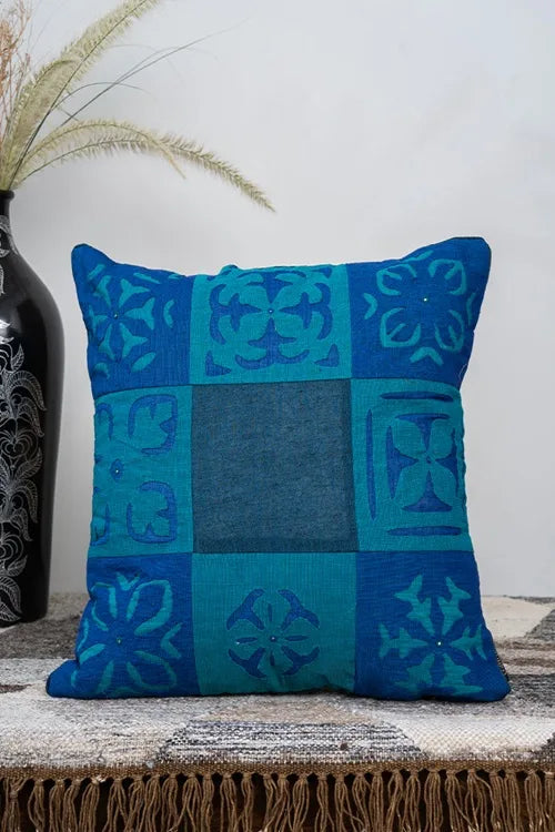 Craftroots Multi Patch Blue Applique Cushion Cover