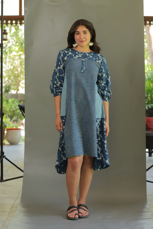 Moralfibre Natural Indigo Multi Print Dress With 3/4Th Sleeves