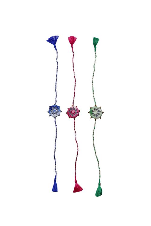 Antarang- Mirror Work, 100% Cotton, Set Of 3 Kanaaha Bhai Rakhi. Blue, Green And Pink,  Made By Divyang Rural Women.