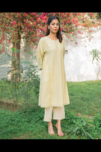 Rangsutra Suhani Cream Striped Cotton Kurta Cum Dress With Soof Hand Embroidery