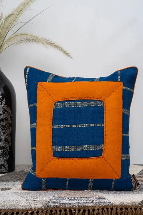 Craftroots Blue-Rust Bhujodi Tucks Cushion Cover