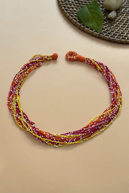 Antarang- Sakhi Genda Phool Neckpiece- [Yellow,Pink,Orange]- Threads & Beads