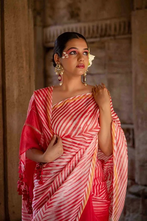 Craftroots Laheriya Chanderi Pink Saree