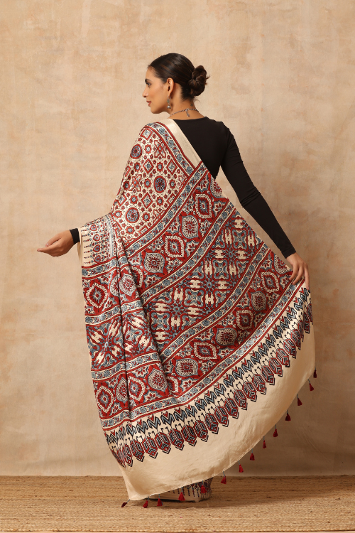 Tenaaro Ajrakh Hand Block Printed  Modal Sik Saree  (Offwhite-18)