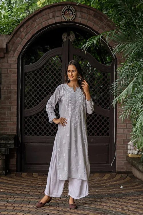 Craftroots Modal Grey Chikankari Kurta