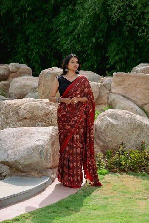 Craftroots Orange-Black Ajrakh Modal Saree With Tassels